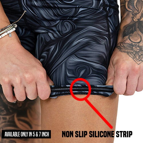 close up of non slip strip on the black and grey smoke patterned shorts