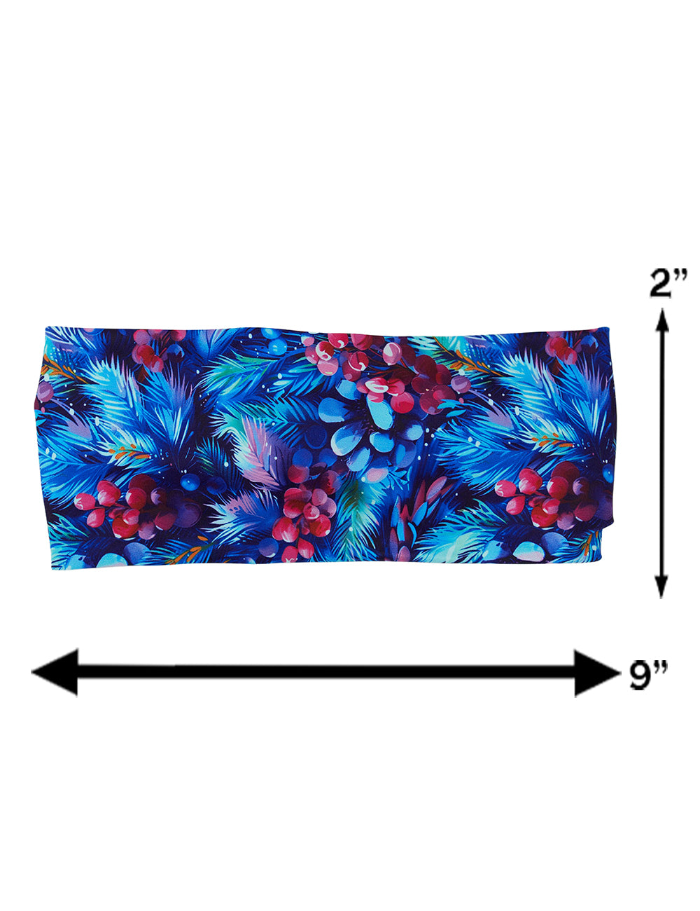 measurement chart for the winter berries among blue leaves headband, measurements are 2 inches by 9 inches