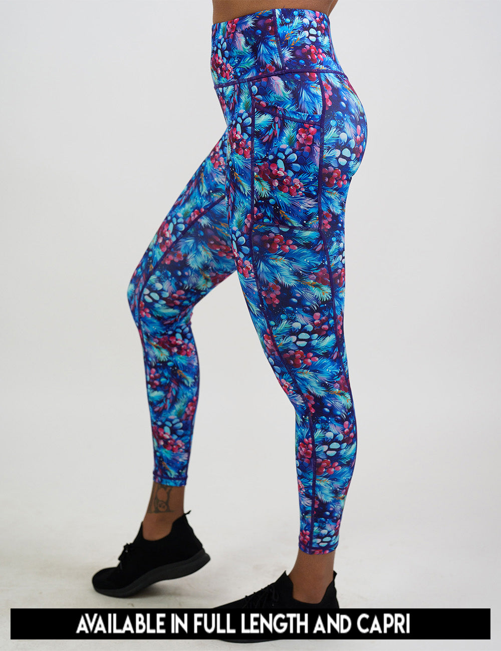 available lengths for the winter berries among blue leaves leggings, lengths include full length and capri