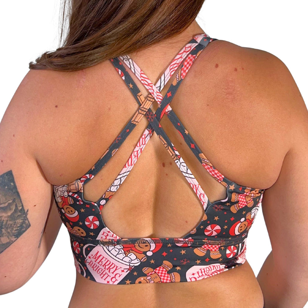 back of the Christmas-themed bra with gingerbread men and candy canes