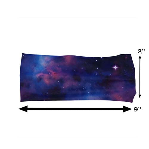 galaxy print headband measured at 2 by 9 inches
