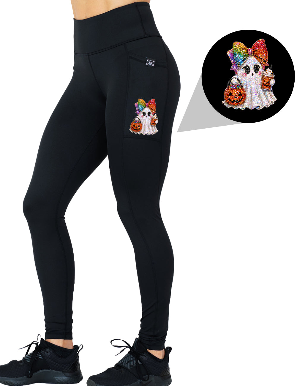 front of the bedazzled ghost with a bow graphic full length leggings