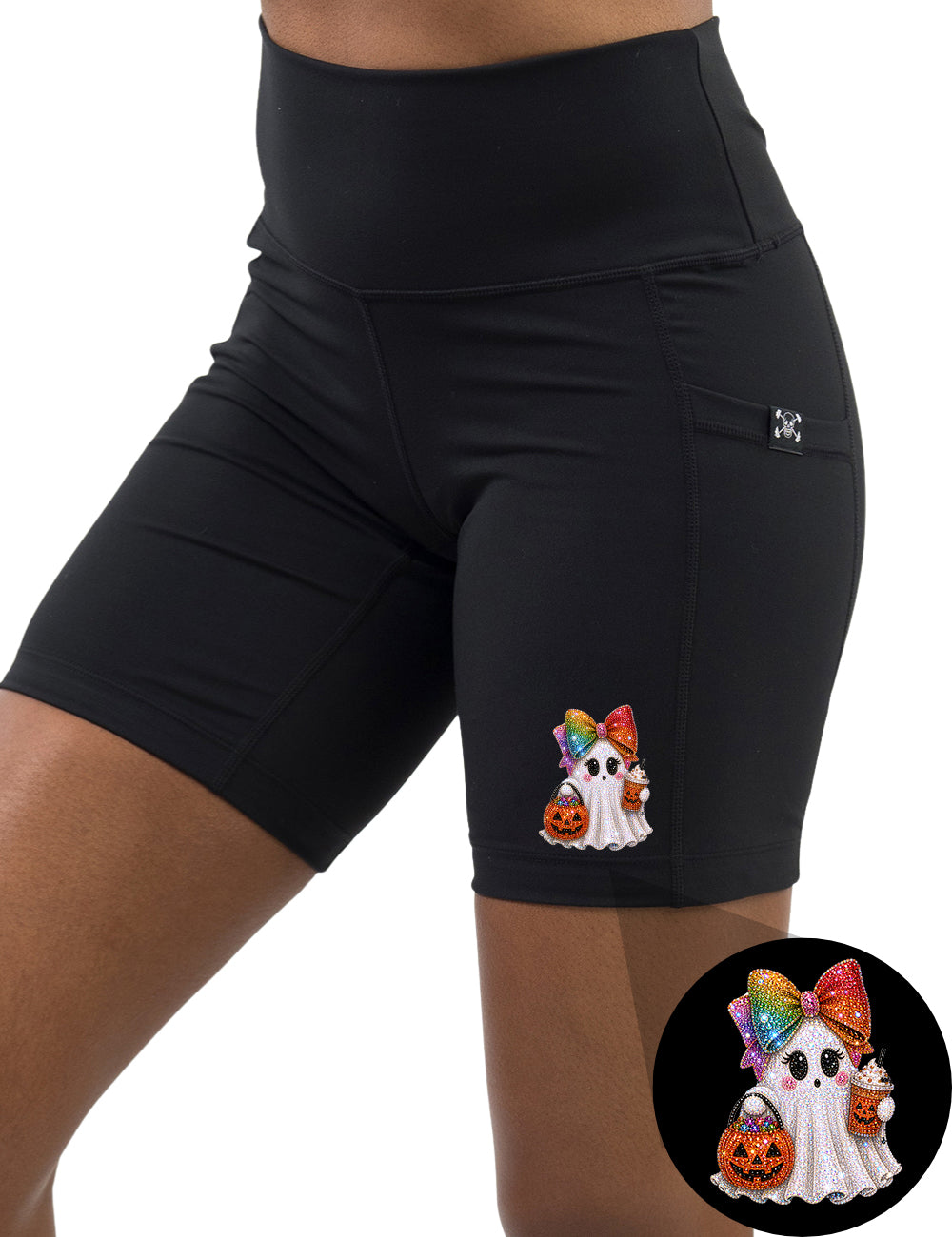 front of the bedazzled ghost with a rainbow bow graphic 7 inch shorts