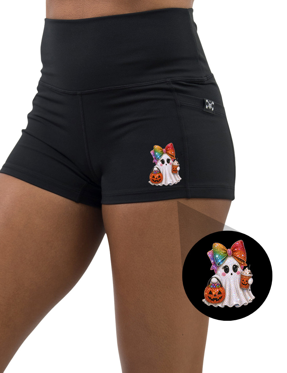 front of the bedazzled ghost with a rainbow bow graphic 2.5 inch shorts
