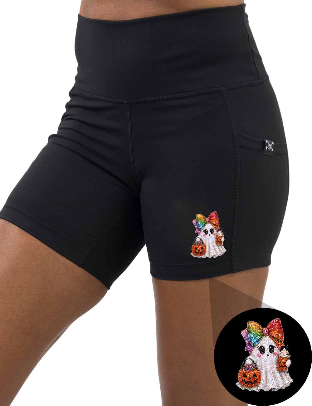front of the bedazzled ghost with a rainbow bow graphic 5 inch shorts