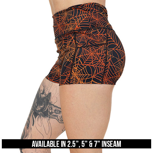 black and orange spider web shorts available inseams