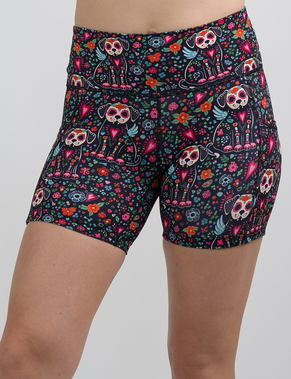 front of the skeleton dogs surrounded by flowers 5 inch shorts against a white background