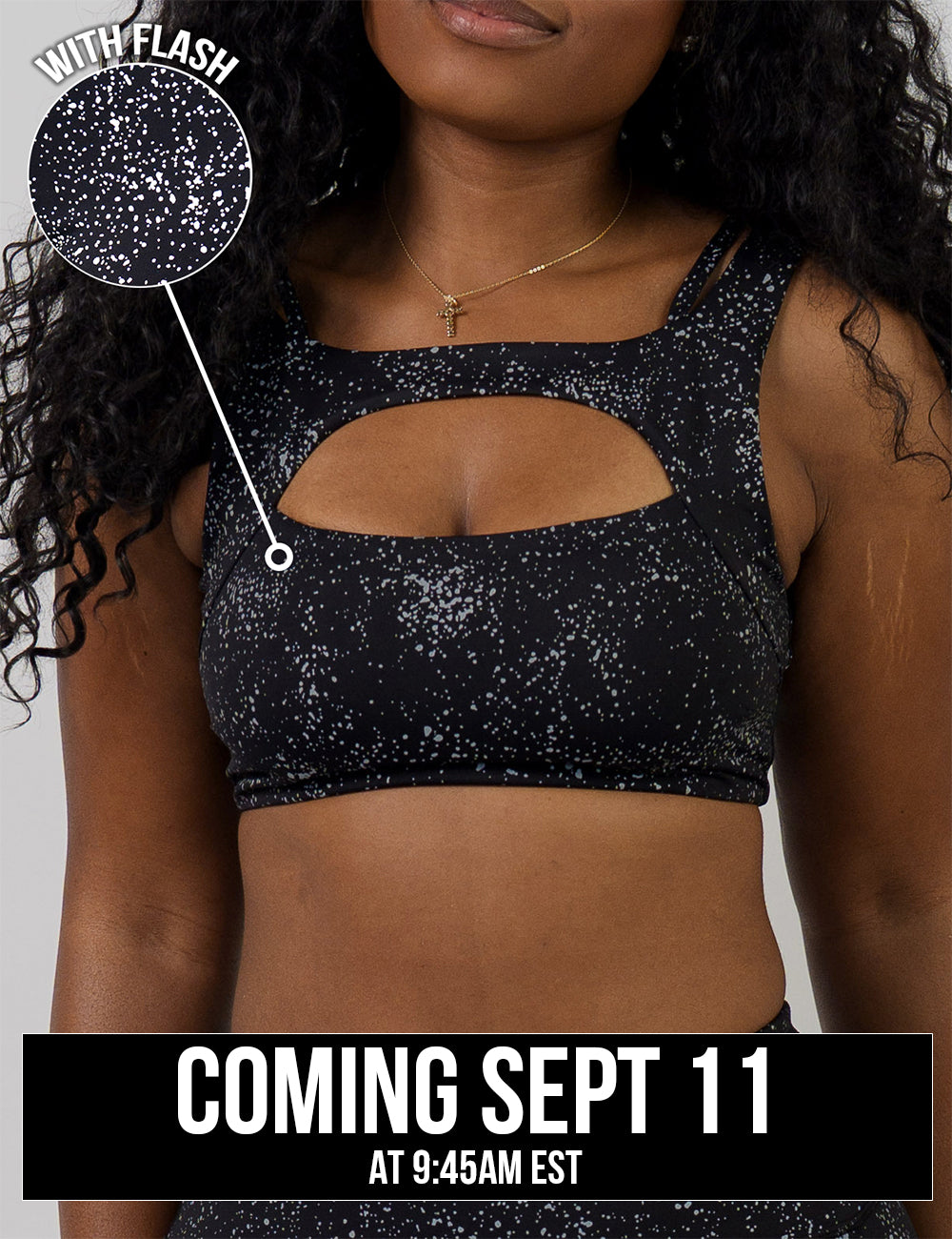 front of the front of the black bra with reflective spots coming September 11th with a close up of the reflective material