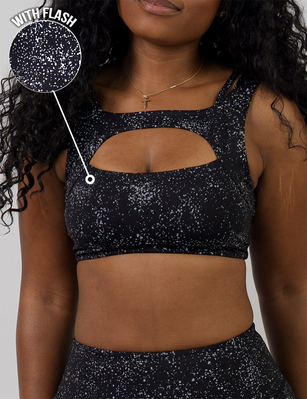 front of the black bra with reflective spots with a close up of the reflective material