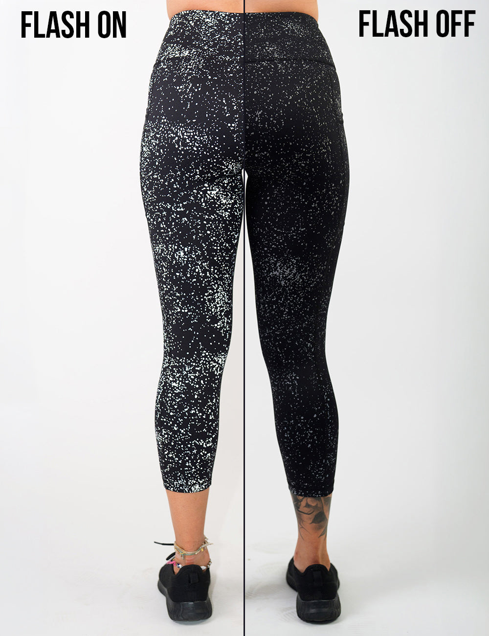 graphic showing the black leggings with reflective spots reflection when the flash is on and when it is not on