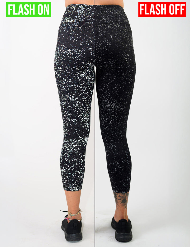 graphic showing the black leggings with reflective spots reflection when the flash is on and when it is not on
