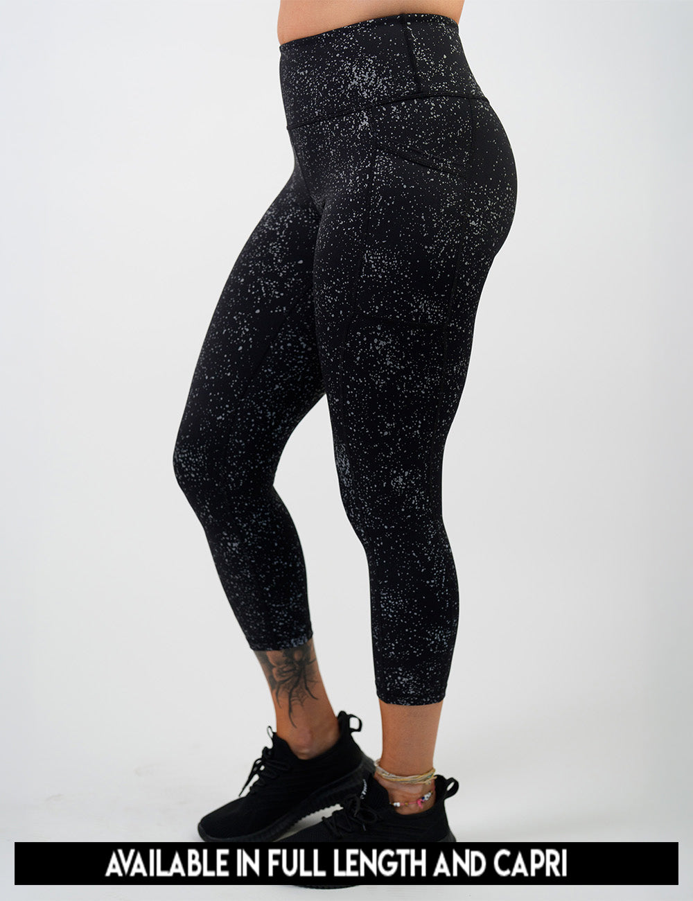 available lengths for the black leggings with reflective spots, lengths include full length and capri
