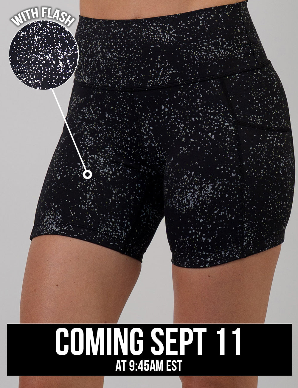 front of the 5 inch black shorts with reflective spots with a close up of the materials reflective detail coming September 11th