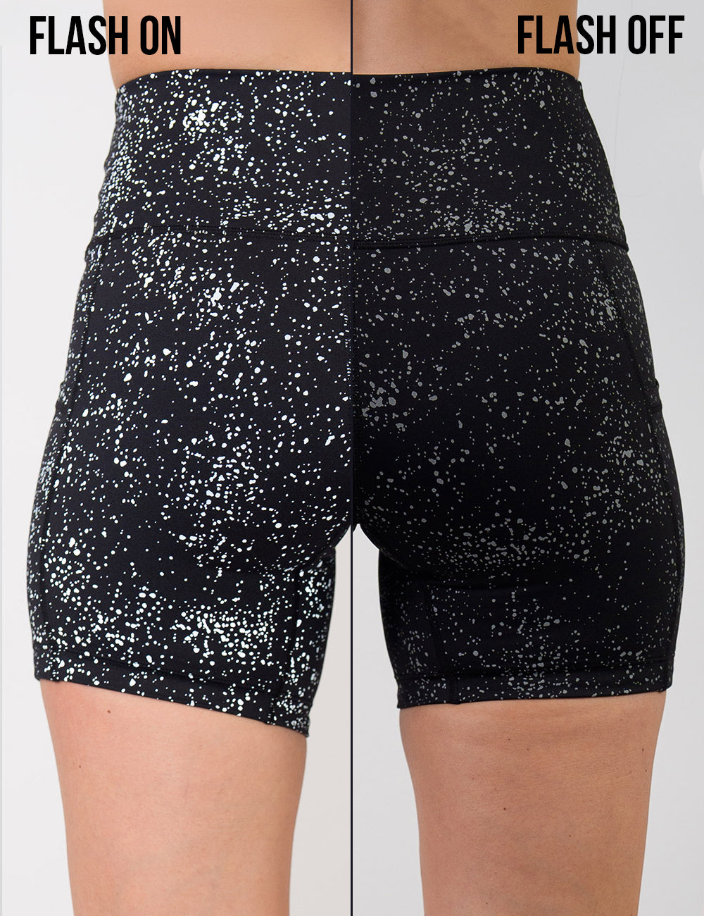 graphic showing the black shorts with reflective spots reacting to a bright light