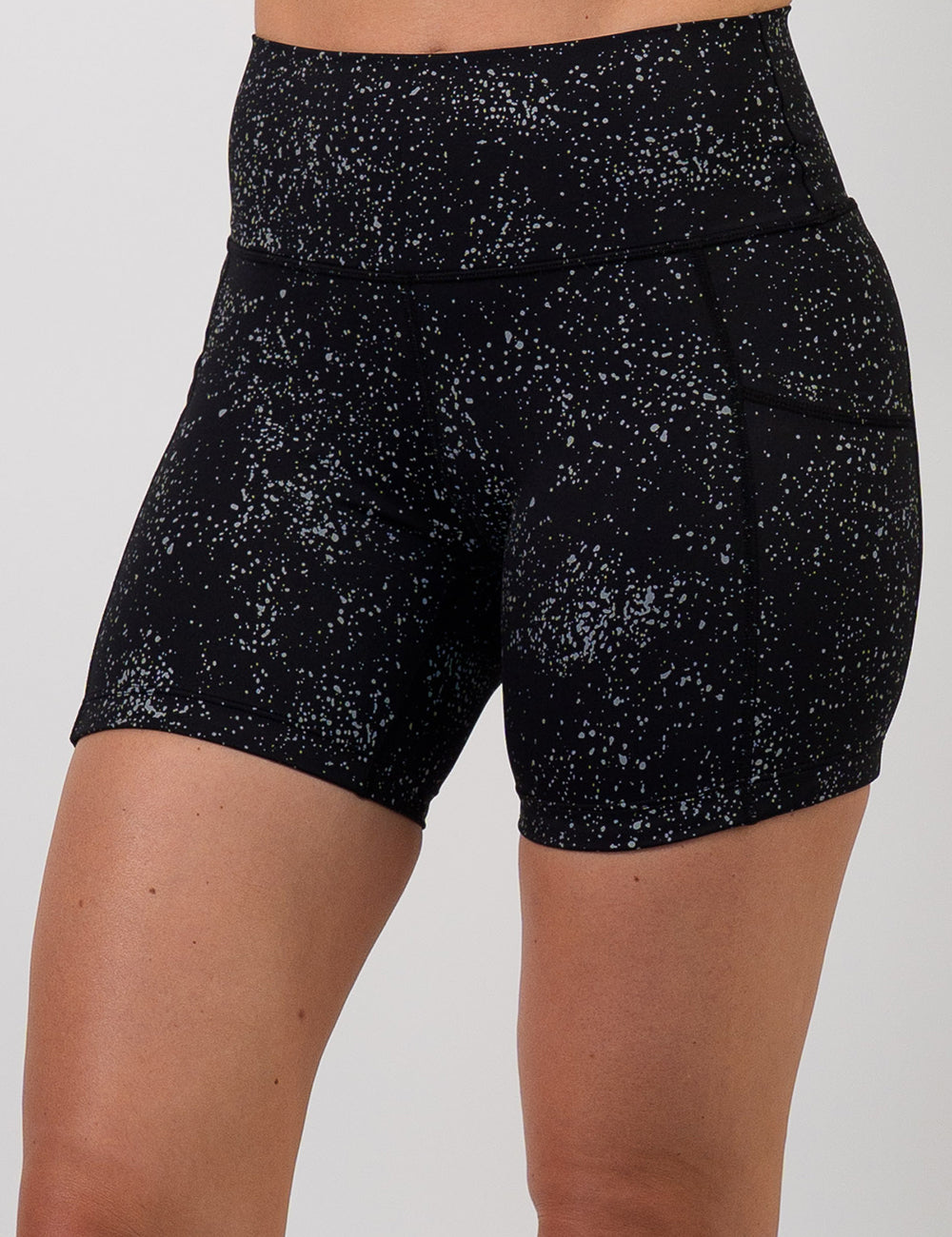 front of the 5 inch black shorts with reflective spots 