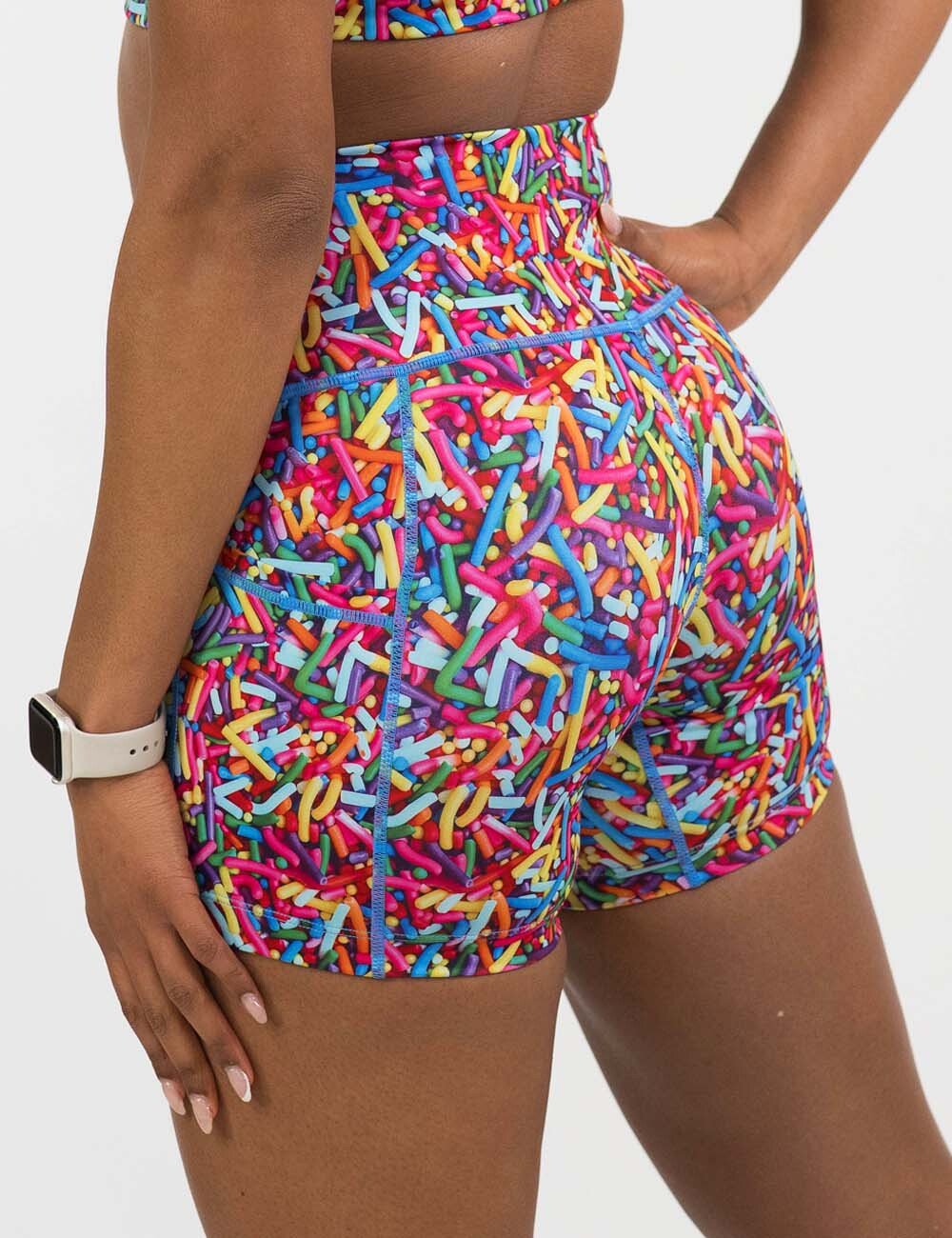 back of the 5 inch rainbow sprinkles shorts against a white background
