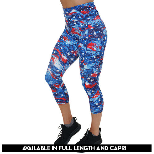 red, white and blue paint patterned leggings available in full and capri length