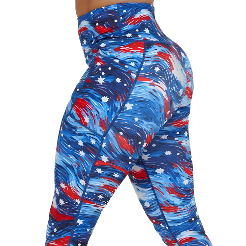 red, white and blue paint patterned leggings