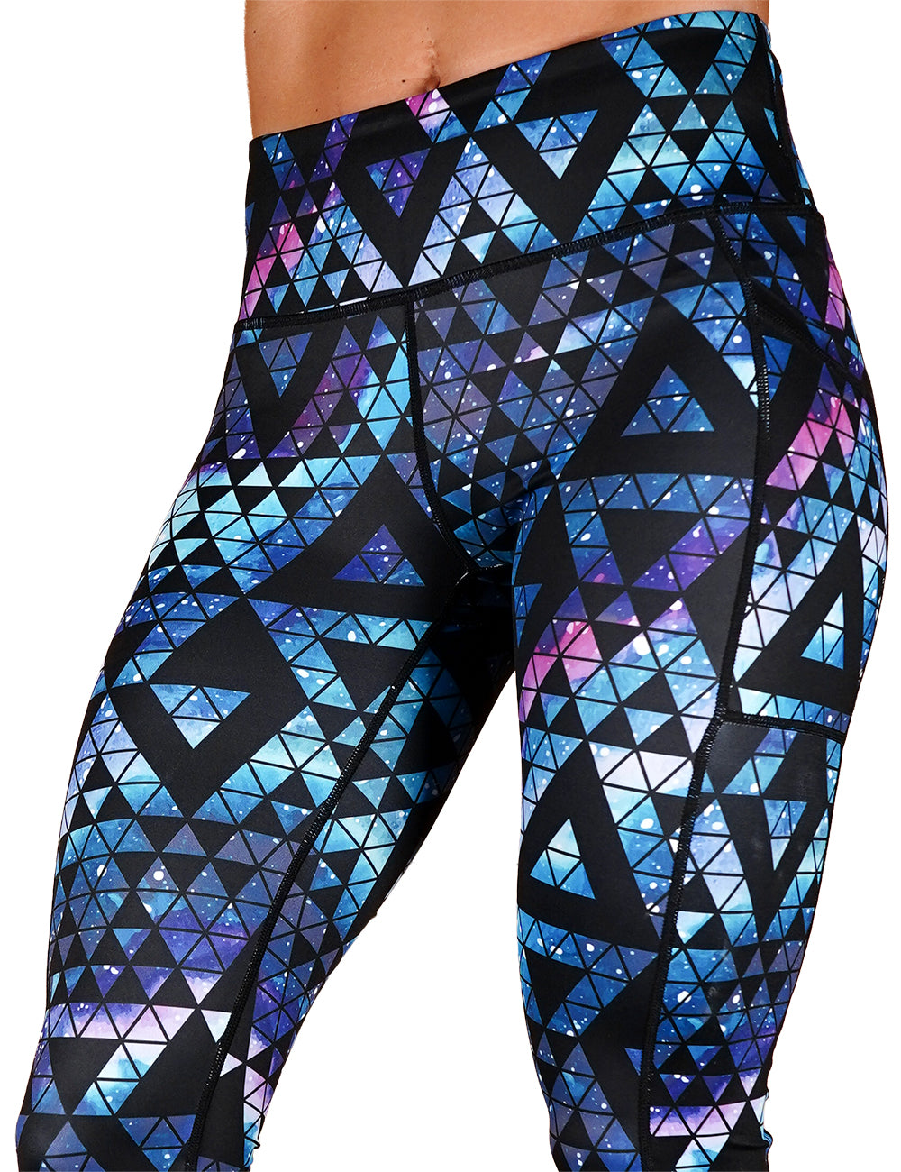 front of the tiled galaxy print leggings against a white background