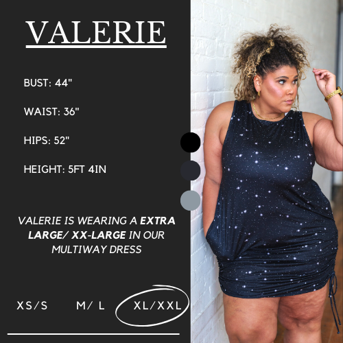Model’s measurements of 44” bust, 36” waist, 52” hips and height of 5 ft 4 inches. She is wearing a xl/xxl in the dress