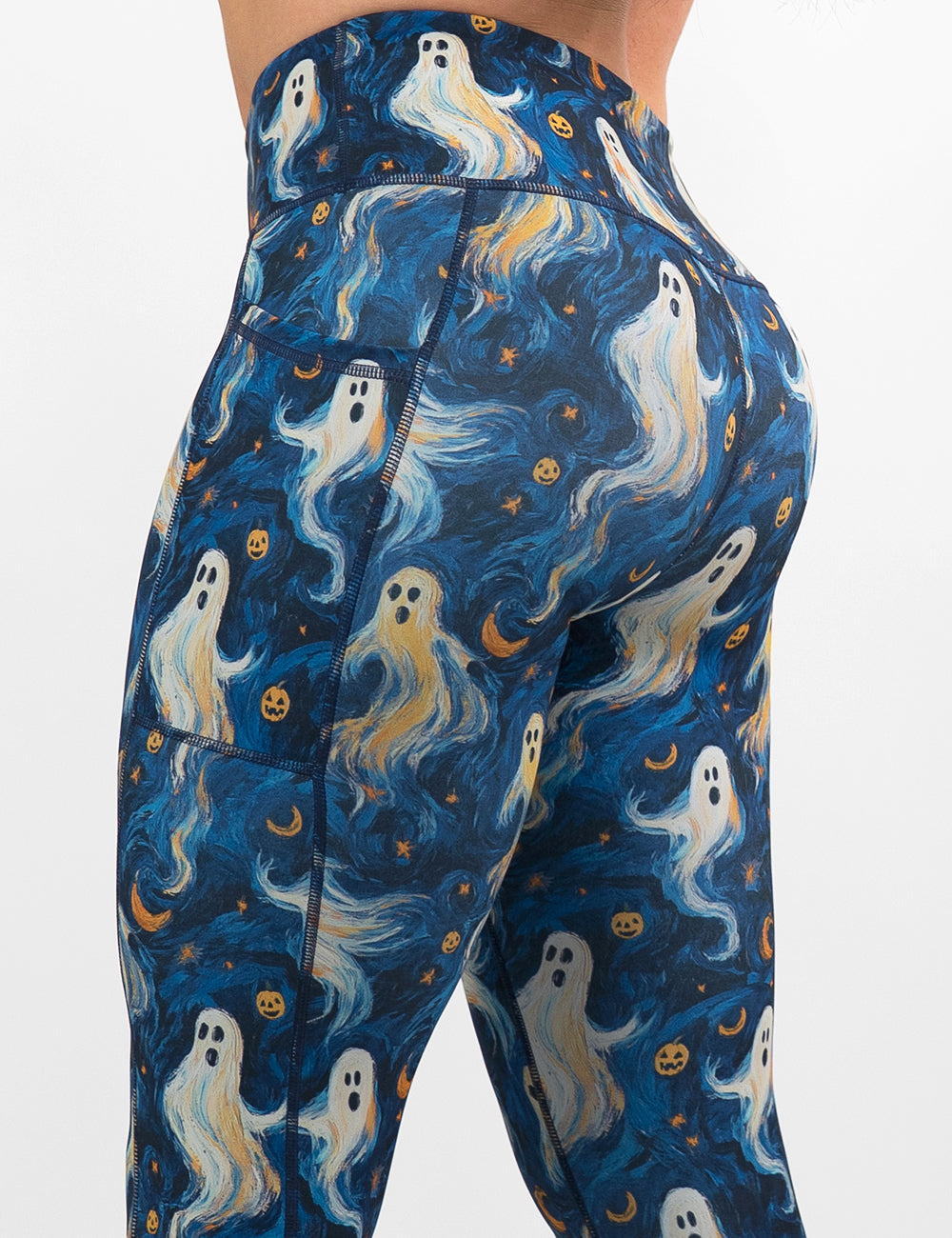 back of the starry night ghosts against a blue background pattern leggings against a white background