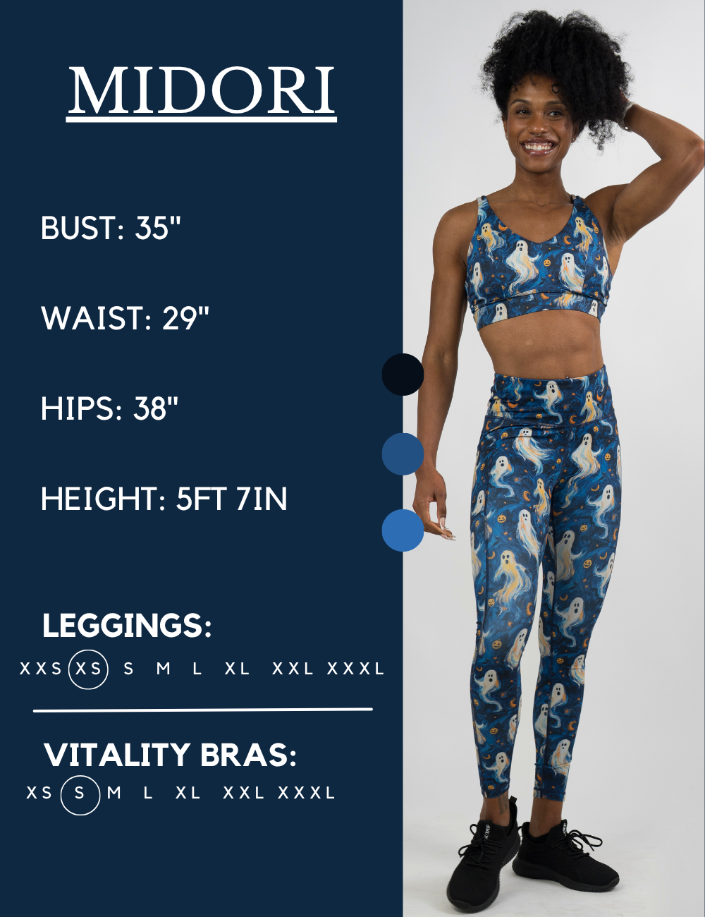 Model’s measurements of 35” bust, 29” waist, 38” hips and height of 5 ft 7 inches. She is wearing a size extra small in our leggings