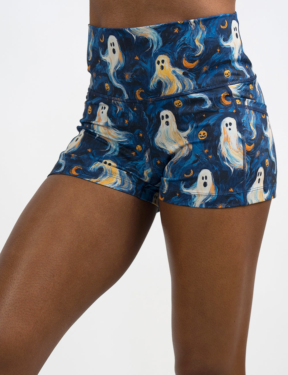 front of the 2.5 inch starry night ghosts against a blue background pattern shorts against a white background