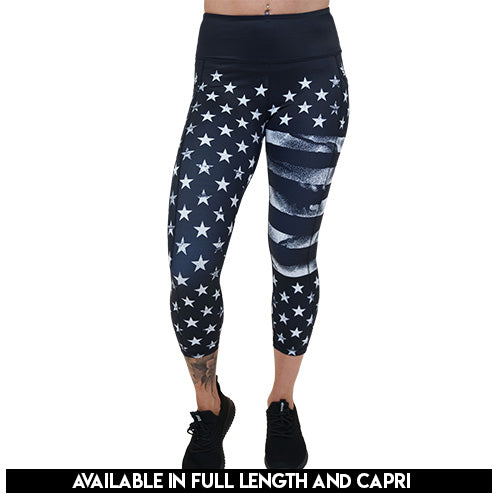 black leggings with white American flag design on it available in capri and full length
