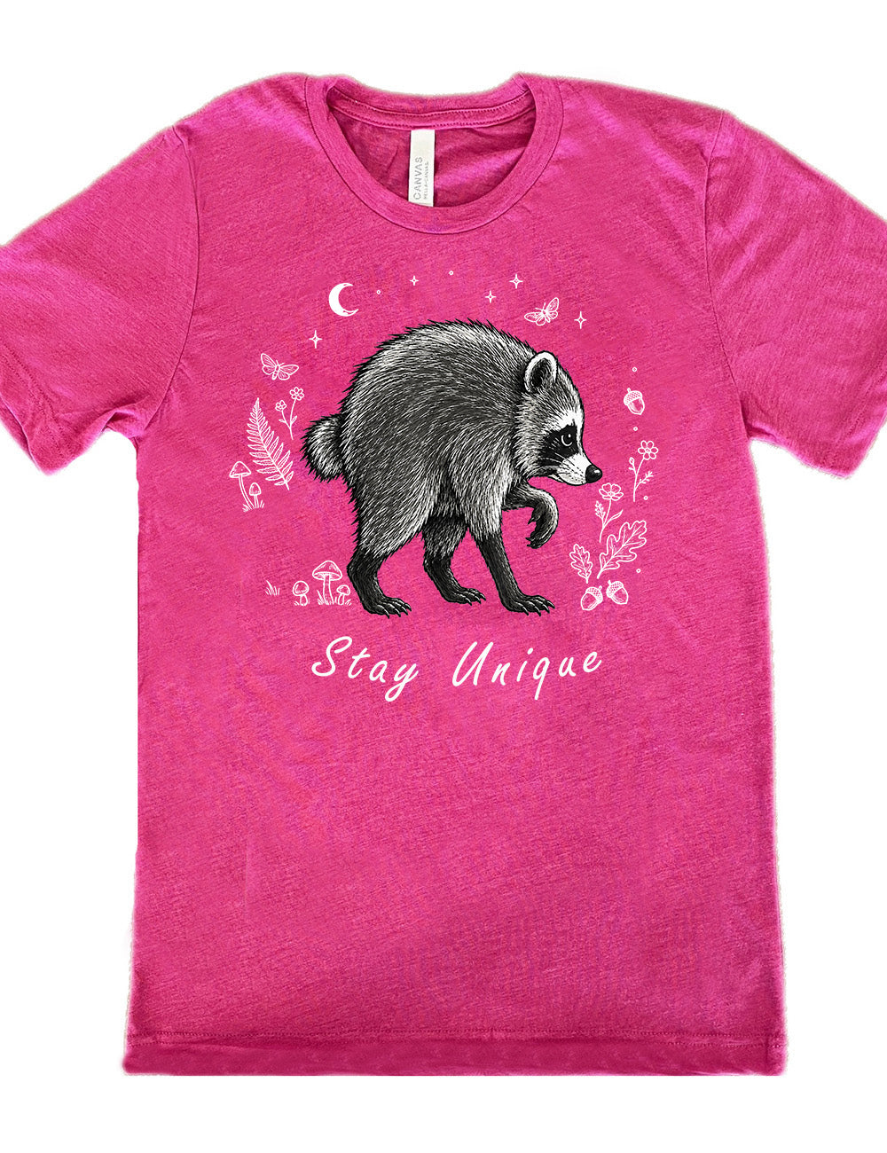 front of the berry pink "stay unique" raccoon  unisex tee 