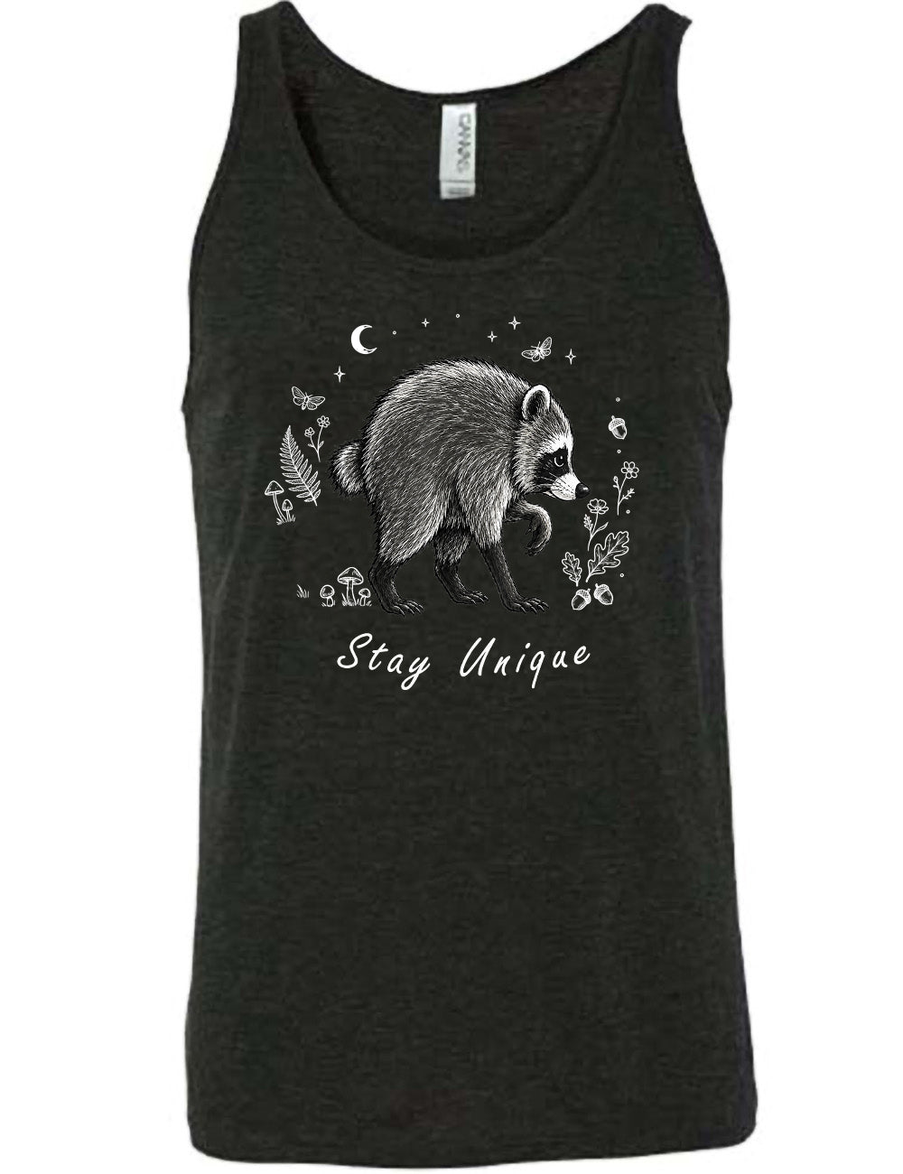 front of the black "stay unique" raccoon  unisex tank