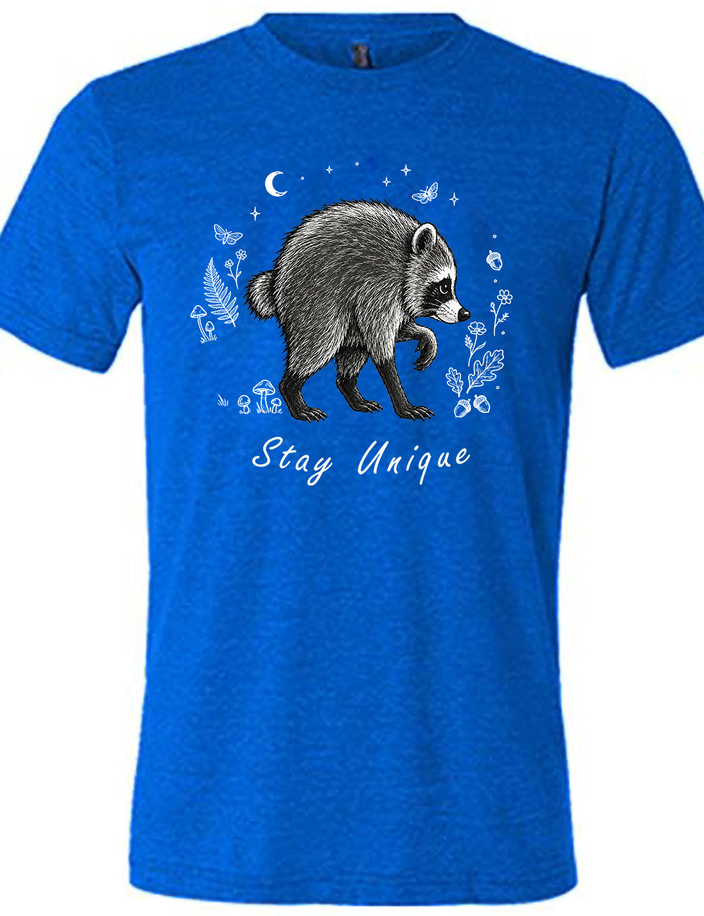 front of the blue "stay unique" raccoon  unisex tee 