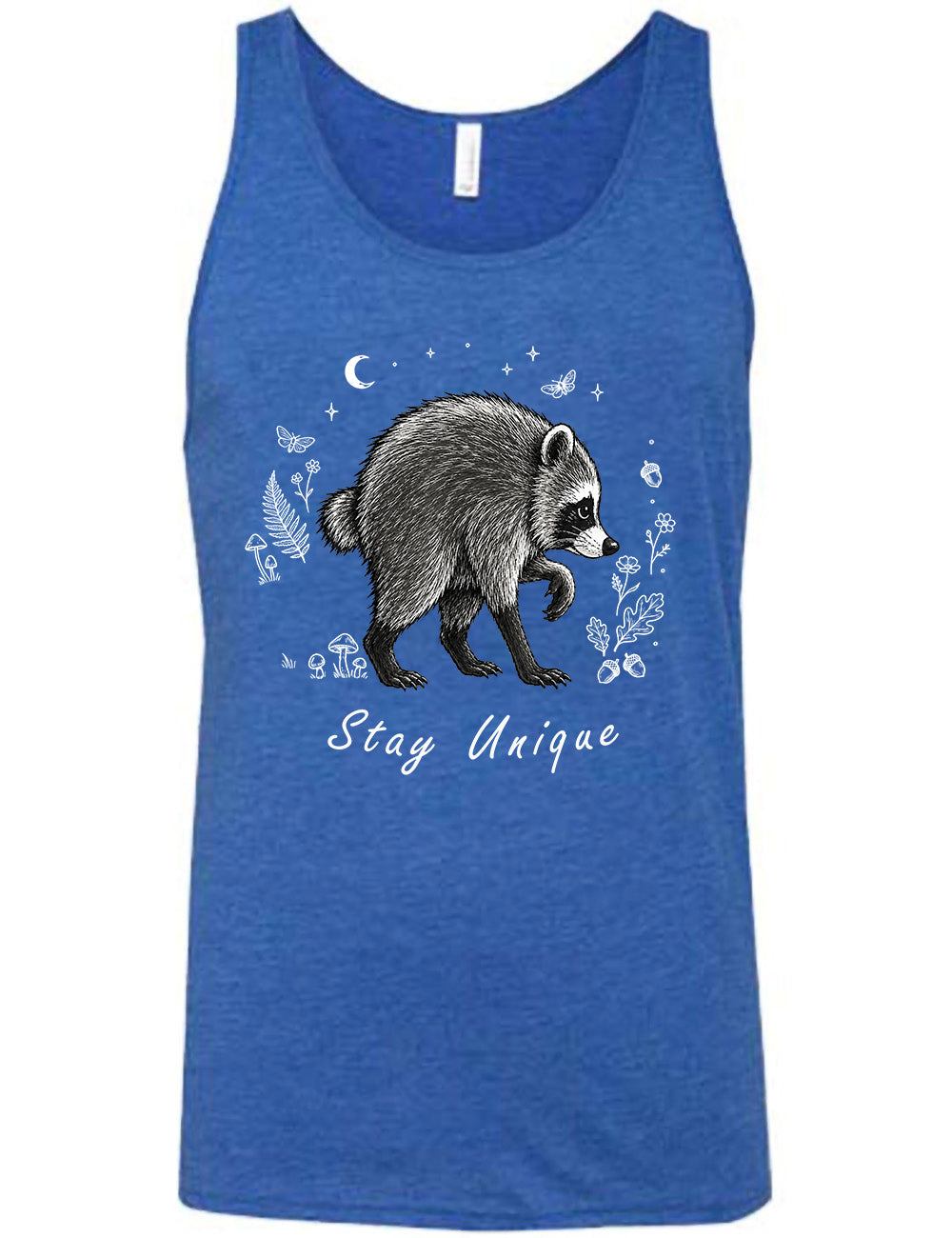 front of the blue "stay unique" raccoon  unisex tank