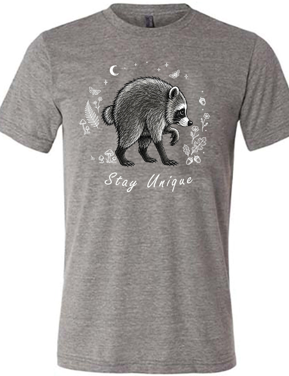 front of the grey "stay unique" raccoon  unisex tee 