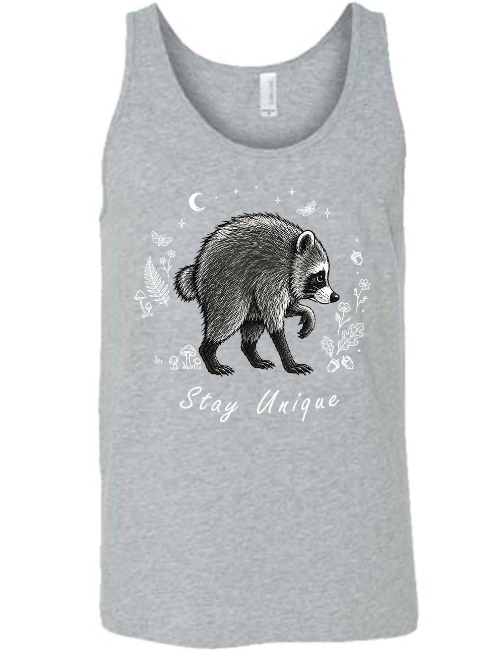 front of the grey "stay unique" raccoon  unisex tank