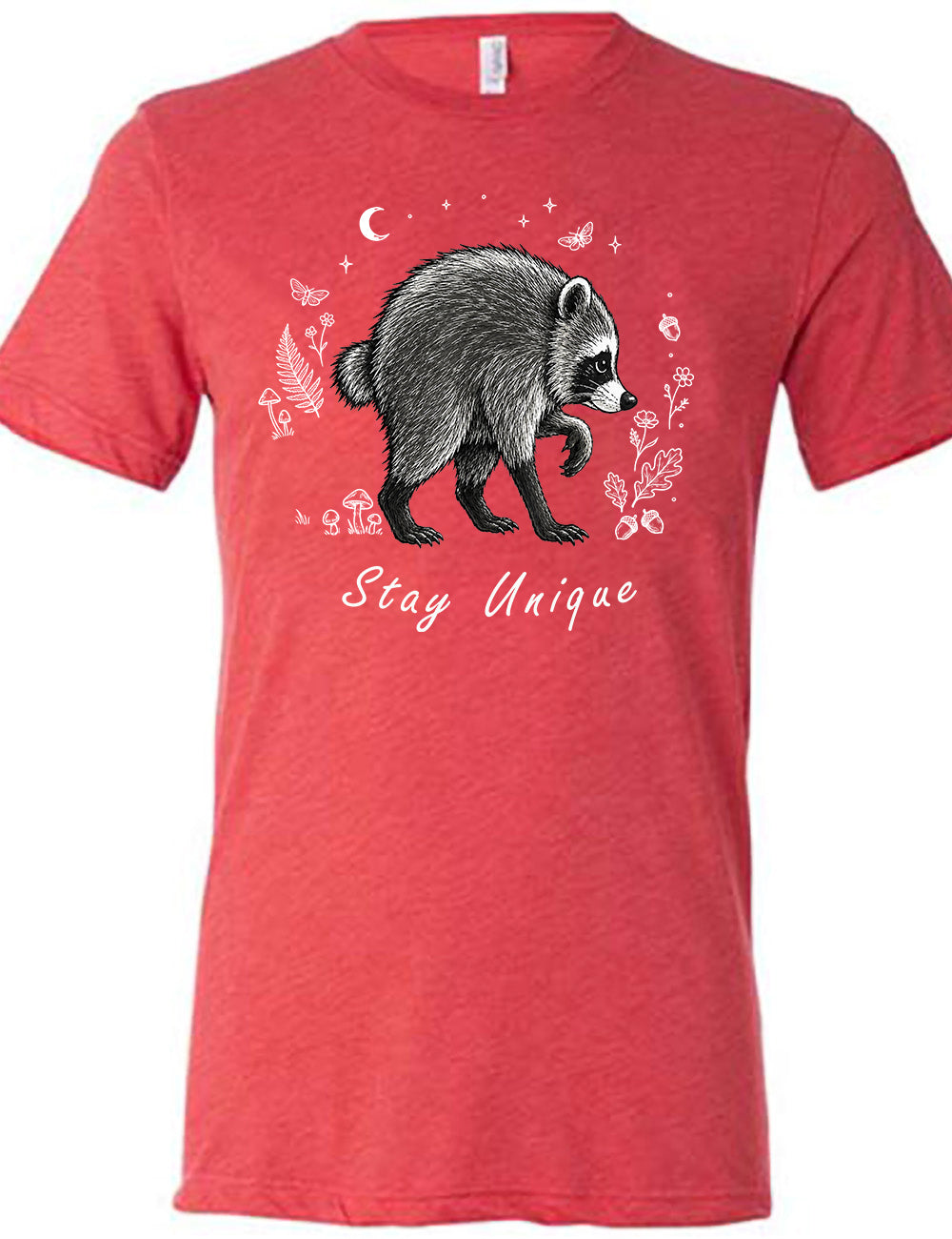 front of the red "stay unique" raccoon  unisex tee 