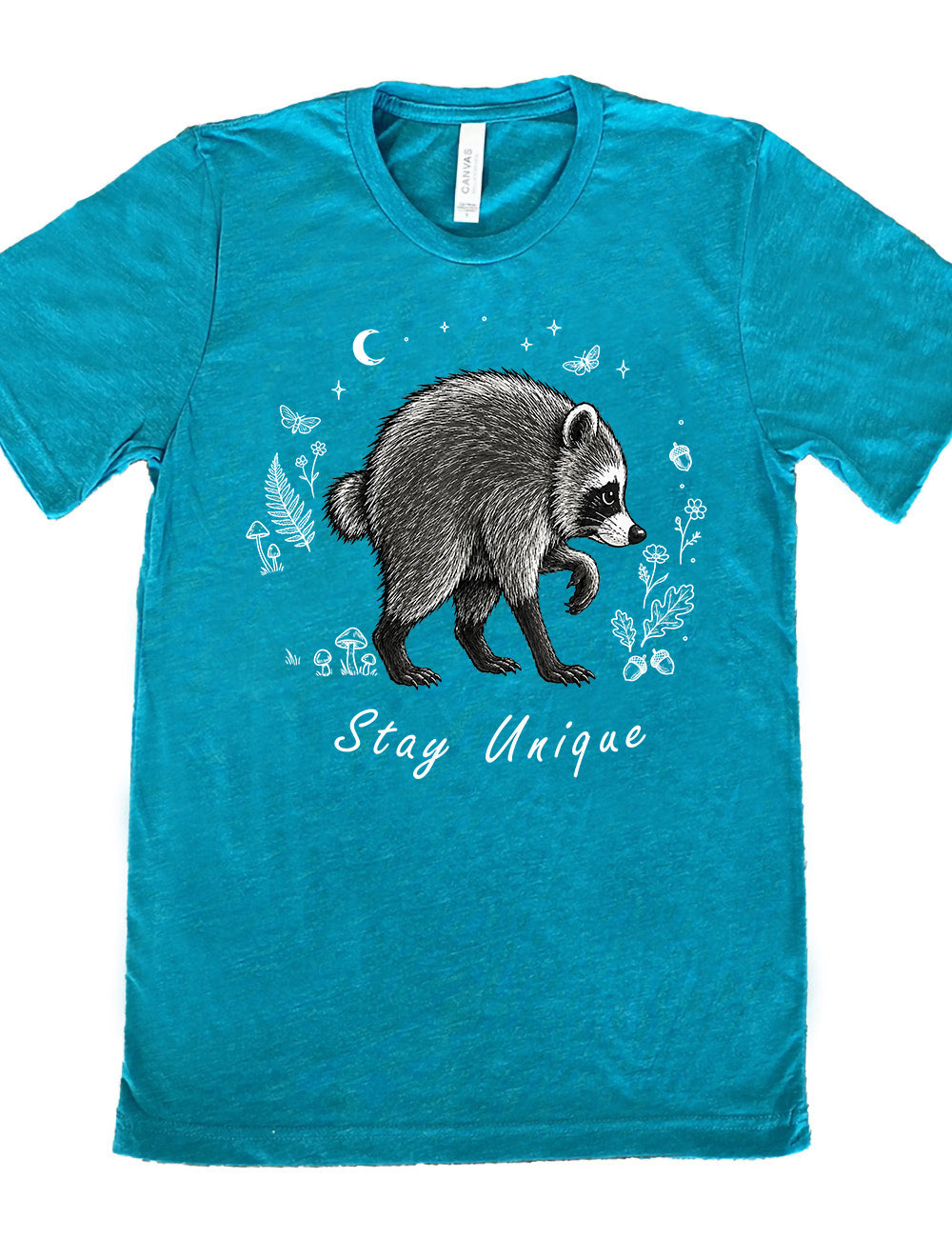 front of the teal "stay unique" raccoon  unisex tee 