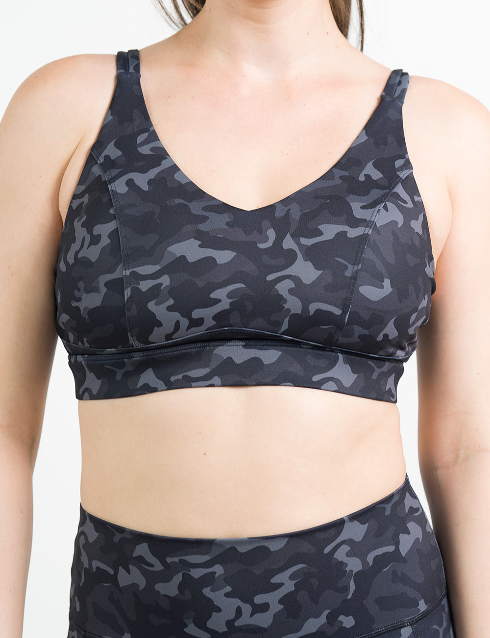 front of the black camo print vitality bra against a white background
