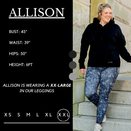Model's measurements of 45 inch bust, 39 inch waist, 50 inch hips, and height of 6 foot. She is wearing a size double xl in these leggings.