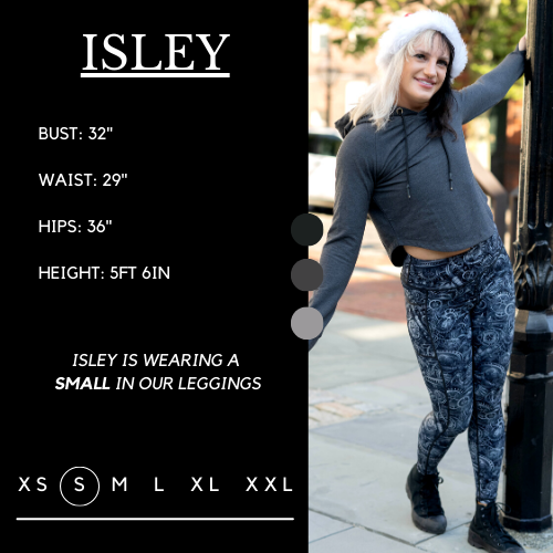 Model's measurements of 32 inch bust, 29 inch waist, 36 inch hips, and height of 5 foot 6 inches. She is wearing a size small in these leggings.