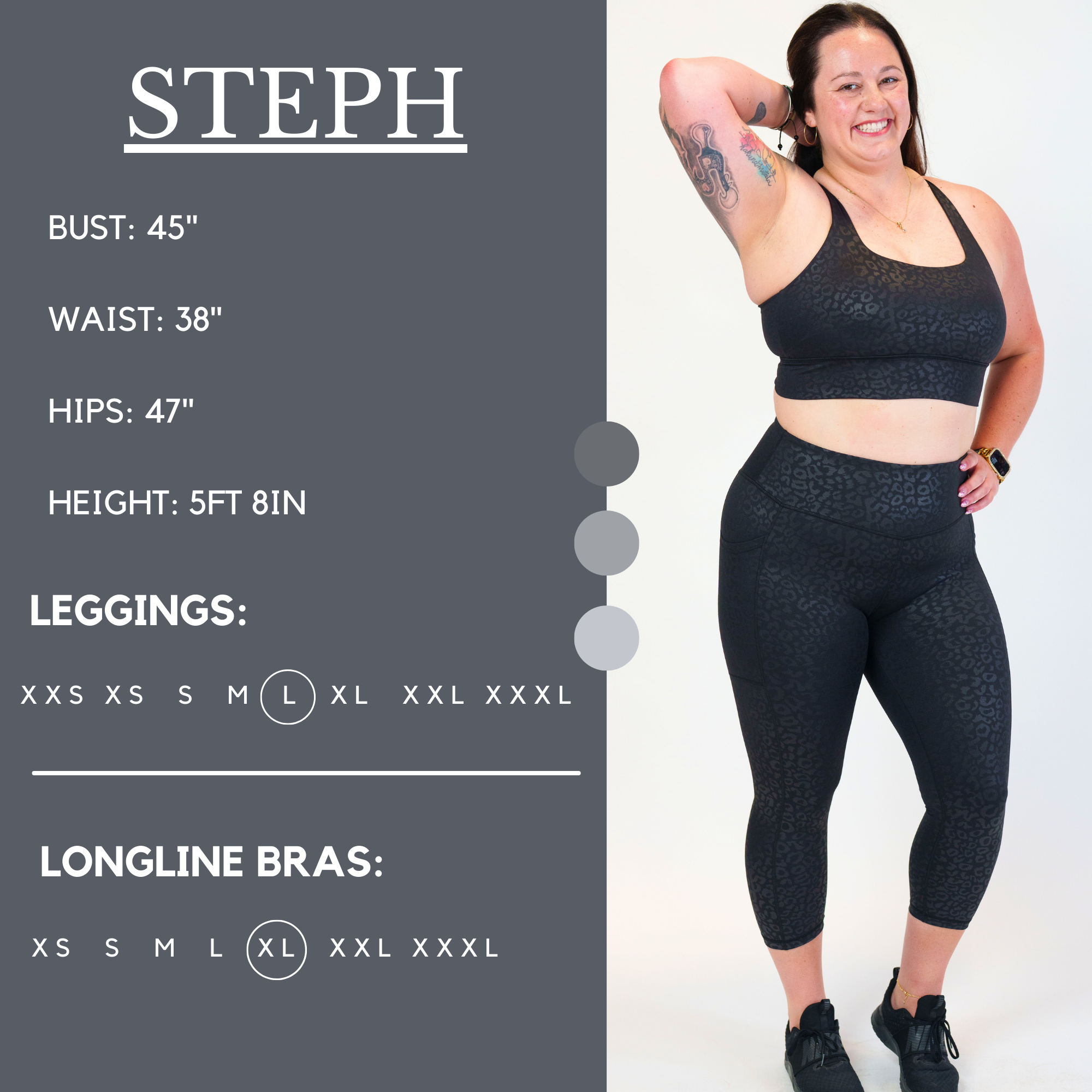 Graphic of an athletes measurements. Steph has a bust of 45", waist of 38", hips of 47", and is 5ft 8inches. She wears an L  in our leggings.
