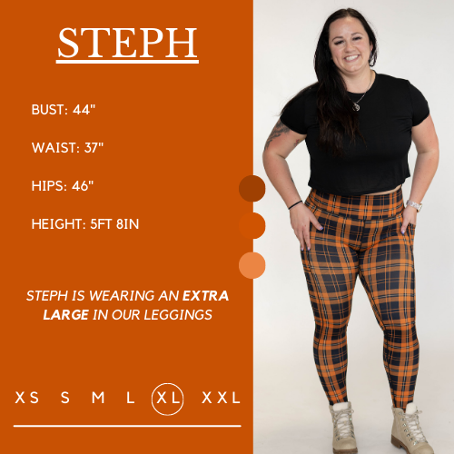 Model's measurements of 44 inch bust, 37 inch waist, 46 inch hips, and height of 5 foot 8 inches. She is wearing a size extra large in these leggings.