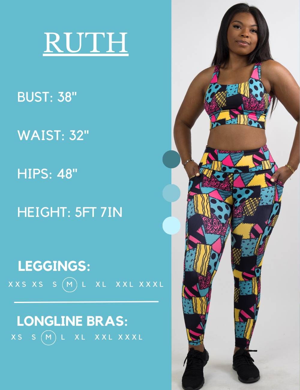 Model’s measurements of 38” bust, 32” waist, 48” hips and height of 5 ft 7 inches. She is wearing a size medium in our leggings