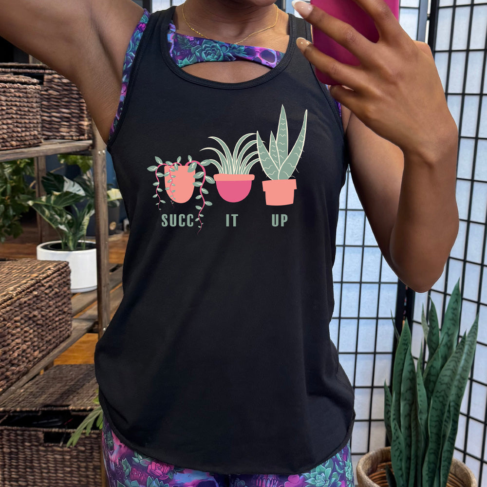 shirt with potted succulents graphic on it that says "Succ It Up"