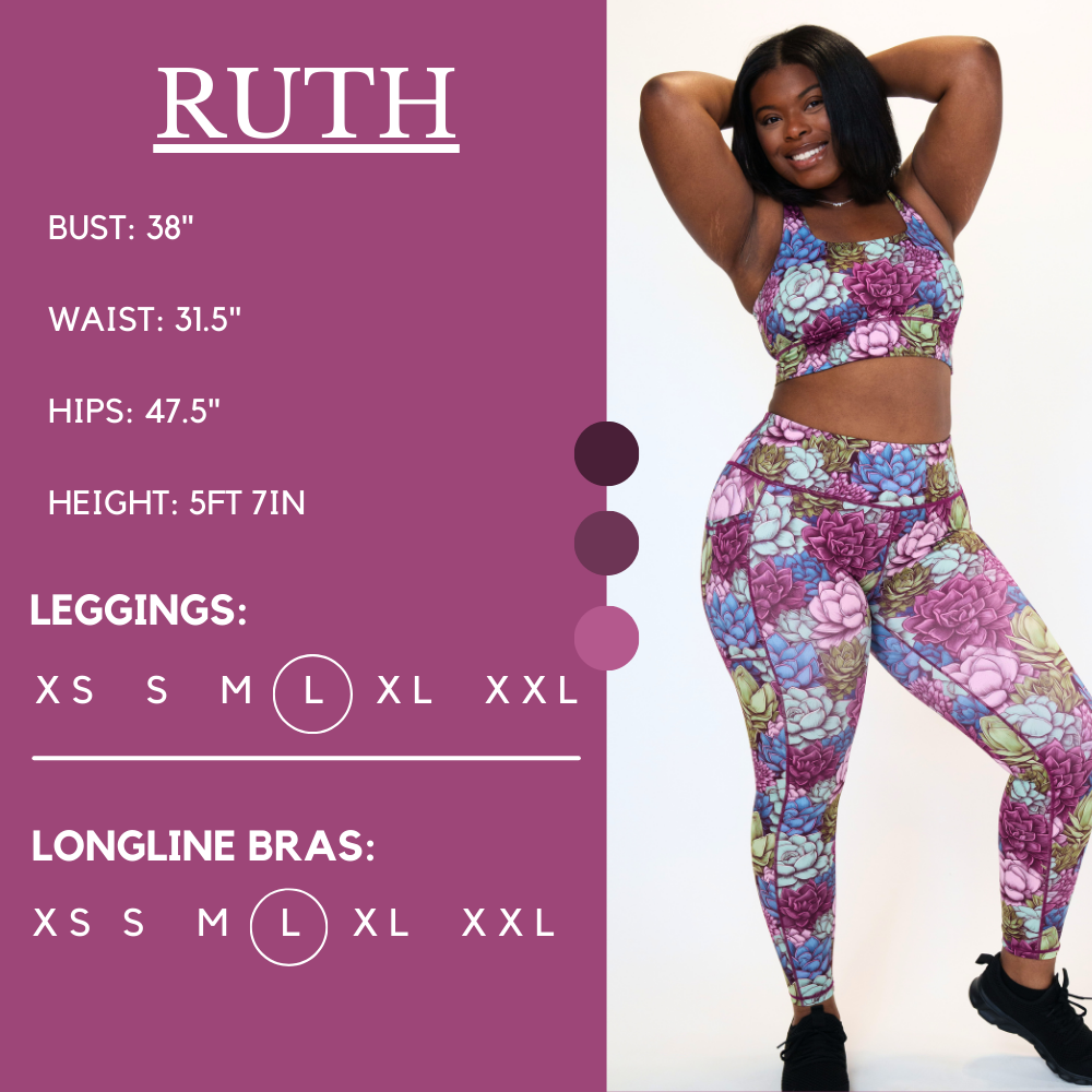 Model's measurements of 38 inch bust, 31.5 inch waist, 47.5 inch hips, and height of 5 foot 7 inches. She is wearing a size large in our leggings and a size large in our longline bras