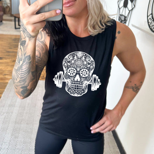 black "Sugar Barbell Skull" Muscle Tank