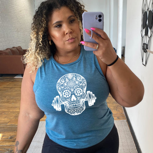 deep teal "Sugar Barbell Skull" Muscle Tank