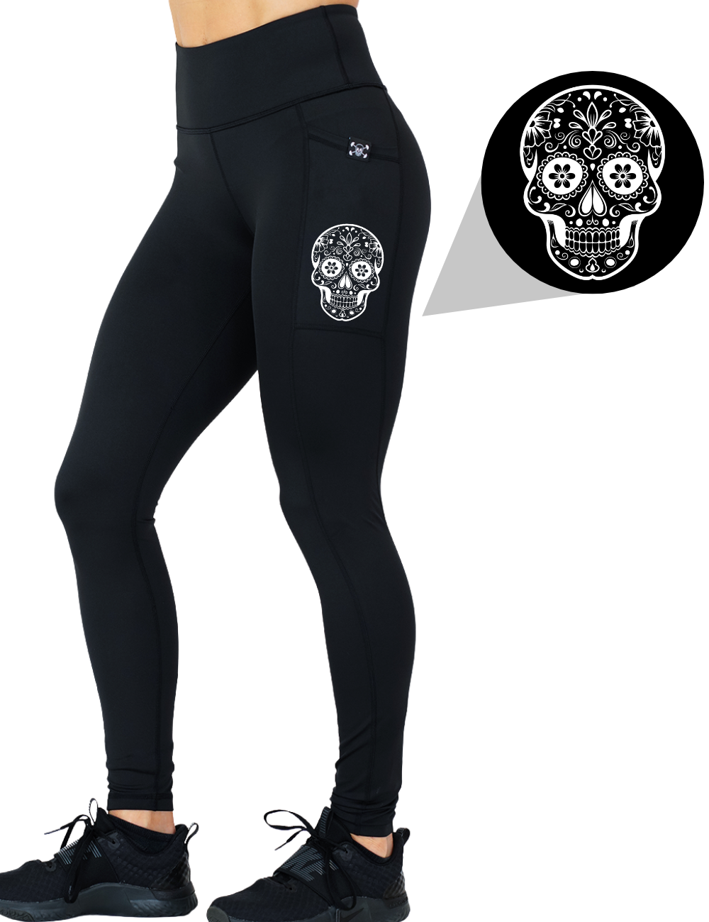model wearing the skull outline graphic full length solid black leggings against a white background