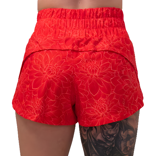 back of the red lotus patterned shorts