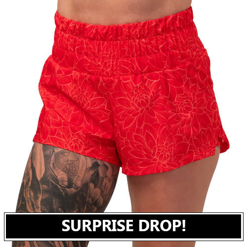 red lotus patterned shorts surprise drop