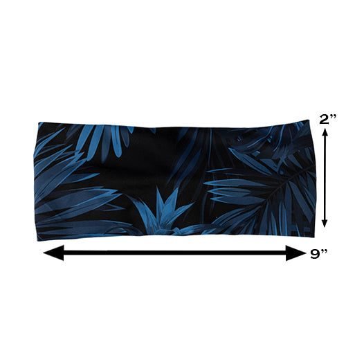 blue palm leaf headband measured 2 by 9 inches